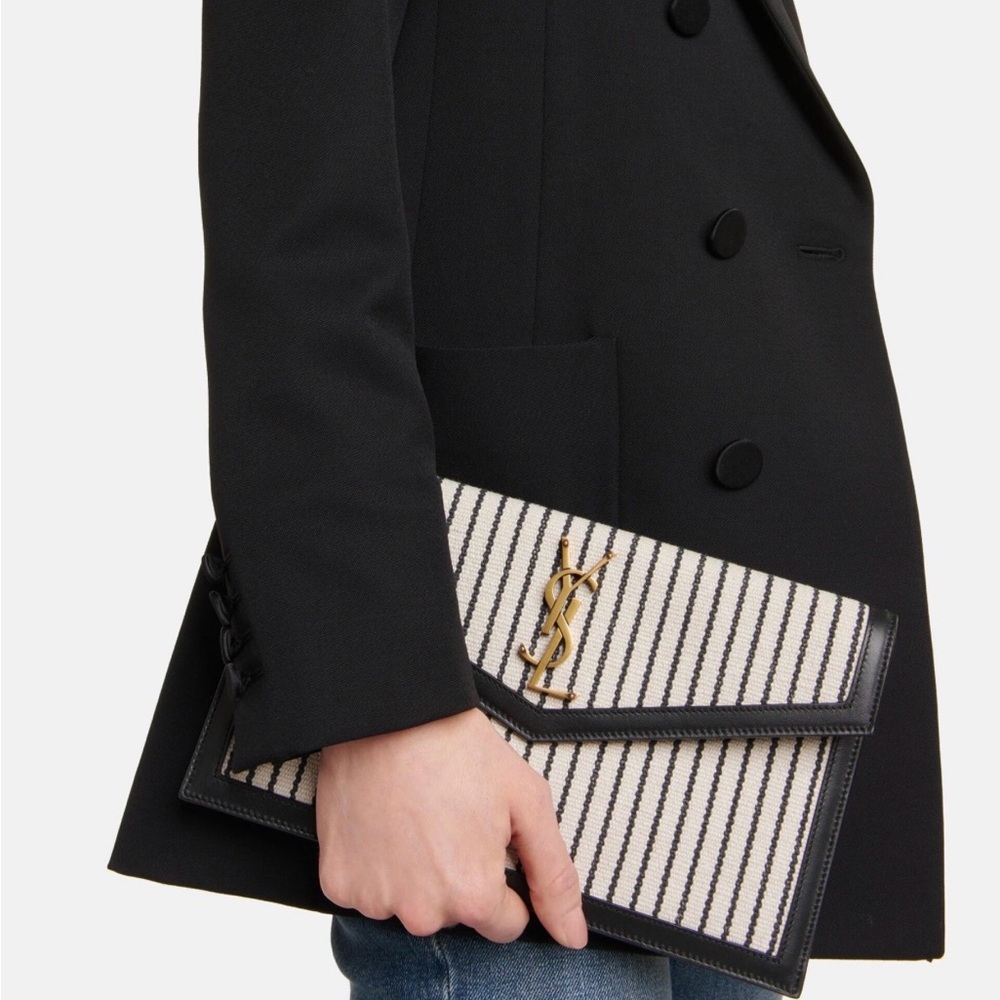 Yves Saint Laurent Uptown Striped Canvas Pouch Clutch Bag - Picture 1 of 5